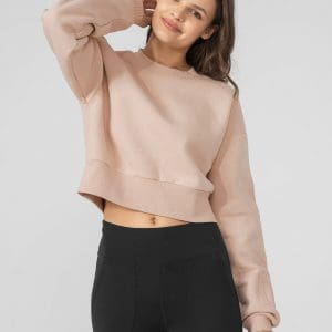Bluză de molton crop top fără fermoar și glugă pentru femei