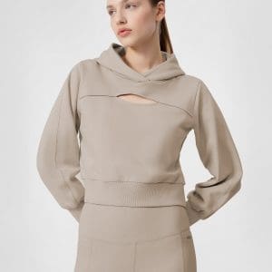 Bluză de molton crop top fără fermoar cu glugă pentru femei