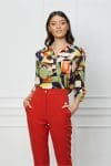 Bluza Caterina cu imprimeri verzi si orange si maneci prinse cu nasturi