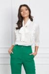 Bluza Dy Fashion alba cu volanase pe bust si funda la guler