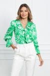 Bluza Dy Fashion din satin verde cu flori albe si volan pe bust