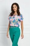 Bluza Gabrielle mov cu maneci scurte si flori roz