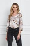 Bluza Raluca bej cu imprimeu floral si insertii aurii