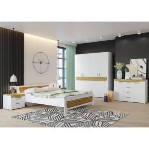 Set Dormitor MILANA, 5 piese, pat 160×200 cm, dulap 4 usi, comoda, 2 noptiere, corp PAL alb, fronturi PAL alb cu decor MDF