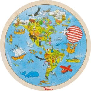 Puzzle circular din lemn – Harta lumii cu animale
