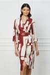 Rochie Adriana bej cu imprimeu caramiziu si curea in talie