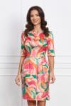 Rochie Adriana orange cu imprimeuri fucsia