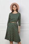 Rochie Alexa verde cu imprimeu geometric bej si curea in talie