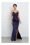 Rochie Alexandra bleumarin lunga din satin cu bretele subtiri