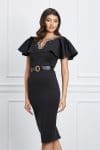 Rochie Alexia neagra din neopren cu perlute la bust si curea in talie