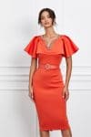Rochie Alexia orange din neopren cu perlute la bust si curea in talie