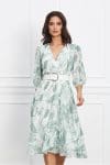 Rochie Alina ivory cu imprimeuri kaki si curea in talie