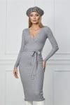 Rochie Alma gri din tricot cu decolteu petrecut si cordon in talie