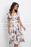 Rochie Amalia ivory cu imprimeuri maro si curea in talie