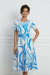 Rochie Amelia ivory cu imprimeuri albastre si curea in talie