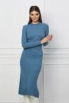 Rochie Amy albastra din tricot reiat cu nasturi la bust si guler incretit