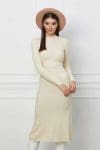 Rochie Amy ivory din tricot reiat cu nasturi la bust si guler incretit