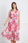 Rochie Andra fucsia cu imprimeuri florale si curea in talie