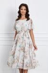 Rochie Antonia ivory cu imprimeu bej si cordon in talie