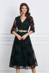 Rochie Ayana verde cu insertii catifelate negre si curea in talie