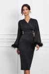 Rochie Beatrice neagra cu maneci din voal cu pene la baza
