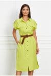 Rochie Bianca tip camasa verde crud cu nasturi si curea in talie
