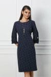 Rochie Camelia bleumarin cu buline si dantela pe maneci
