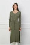 Rochie Christina kaki din tricot cu snur reglabil in talie