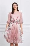 Rochie Corina roz cu imprimeu floral si curea in talie