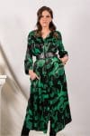 Rochie Corina verde cu imprimeu negru si curea in talie