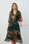 Rochie Daniela kaki cu imprimeuri turcoaz si curea in talie