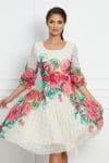 Rochie Dianne ivory cu imprimeuri fucsia si curea in talie