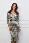 Rochie Dora ivory cu imprimeuri negre si curea in talie