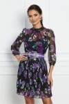 Rochie Doris neagra cu imprimeuri mov si curea in talie