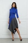 Rochie Dy Fashion albastra cu carouri la baza si lungime asimetrica
