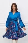 Rochie Dy Fashion albastra cu imprimeu rosu pe fusta si cordon in talie