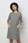 Rochie Dy Fashion cu imprimeu pepit alb-negru si buzunare