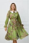Rochie Dy Fashion olive cu imprimeu maro si guler alb