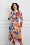 Rochie Dy Fashion orange cu imprimeu albastru si nasturi la bust