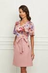 Rochie Dy Fashion roz cu imprimeu floral la bust si cordon in talie