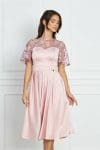 Rochie Dy Fashion roz din tafta cu maneci si decolteu din dantela