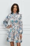 Rochie Dy Fashion scurta roz cu flori turcoaz si curea in talie