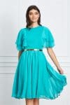Rochie Dy Fashion turcoaz cu volanase la maneci si curea in talie