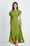 Rochie Dy Fashion verde crud cu imprimeu negru si volan la baza