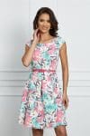 Rochie Ella alba cu flori bleu-roz si curea in talie