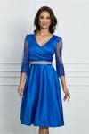 Rochie Ella Collection Adria albastra cu maneci din dantela si cordon in talie