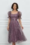 Rochie Ella lila cu glitter si curea in talie