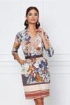 Rochie Fabiana bej cu imprimeuri diverse bleumarin
