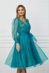 Rochie Florina turcoaz din organza cu broderie si cordon in talie