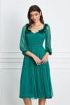 Rochie Ginette verde din matase cu maneci lungi si aplicatii florale